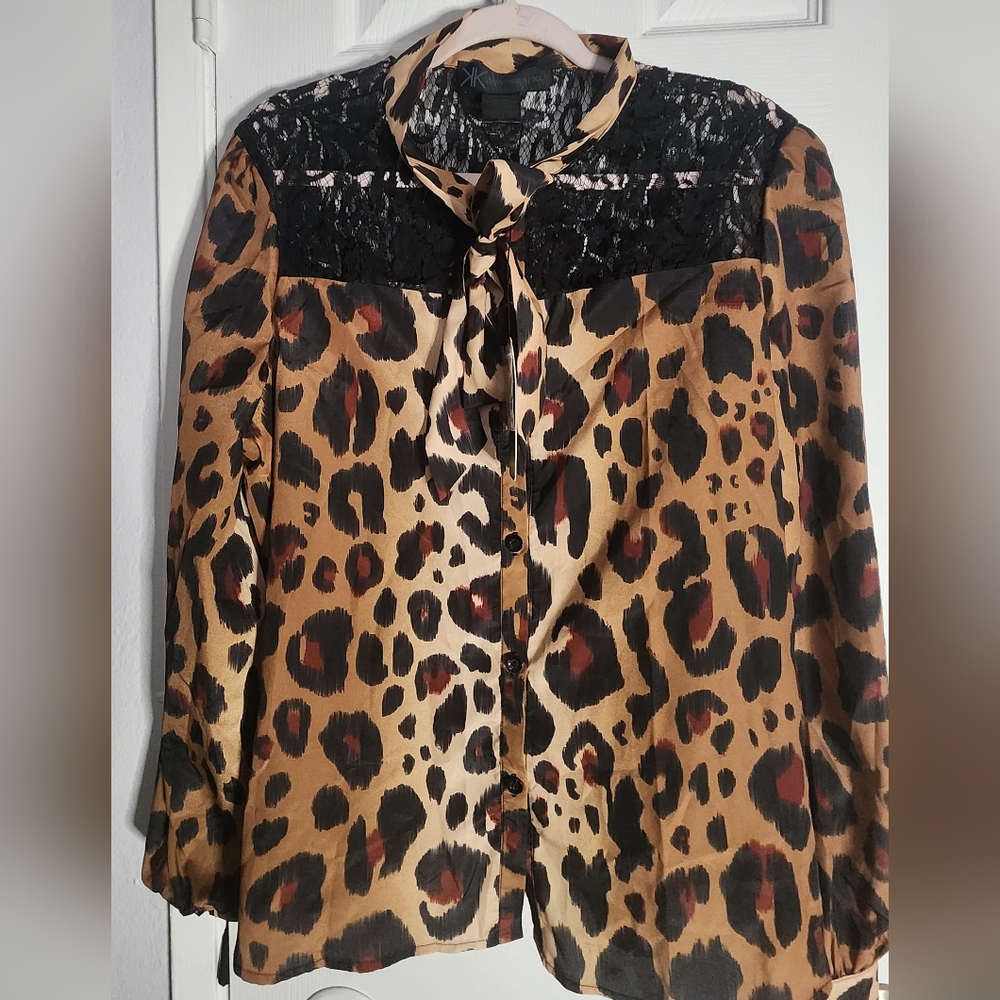 Kardashian Kollection Animal Print Tie Neck Blouse Lace Button Closure Size XL